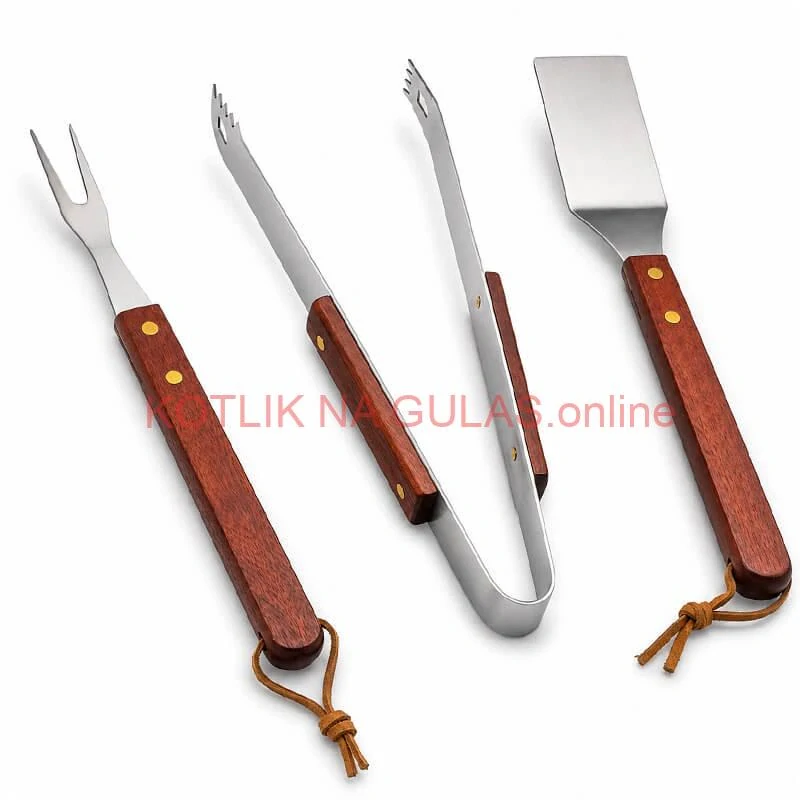 Grilovacie náradie BBQ – súprava 3 ks, nerez a drevo, 33 cm