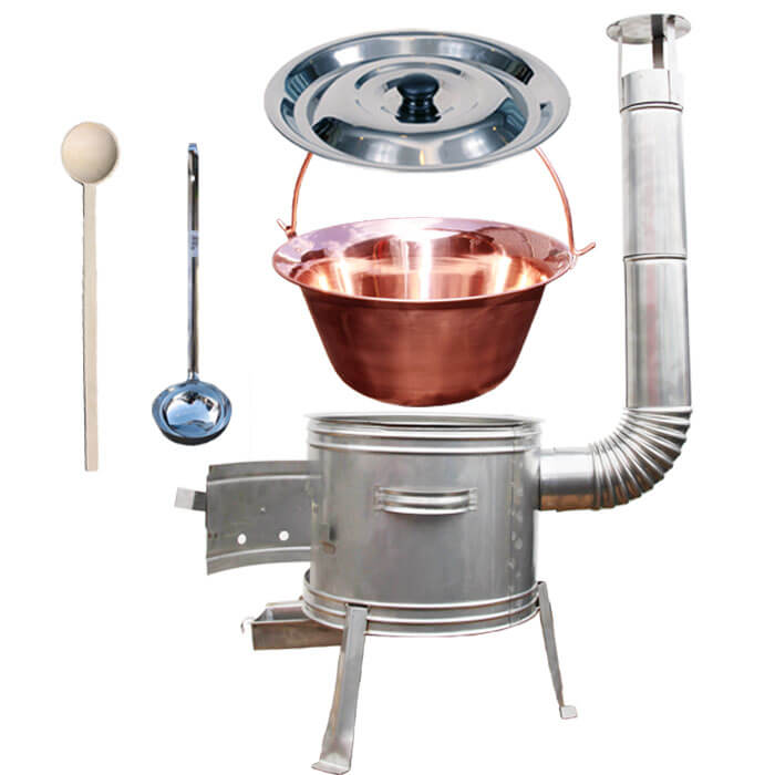 Medený kotlík 30 L (1,2 mm) + nerezová kotlina 45 cm + vareška a naberačka TOPLUX