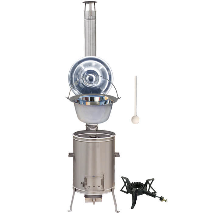 Antikorový kotlík 15 L (1,2 mm) + nerezová kotlina 36 cm + liatinový horák 7 kW, vareška LUX