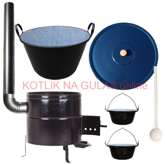 Zabíjačkový smaltovaný kotol 80 L + kovová kotlina 58 cm + 2 servírovacie kotlíky