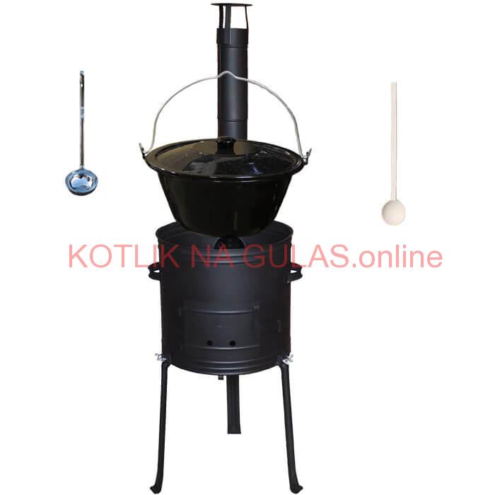 Smaltovaný kotlík 25 L + kovová kotlina s vysokými nožičkami 42 cm, žiaruvzdorná farba Plus 700 + vareška a naberačka