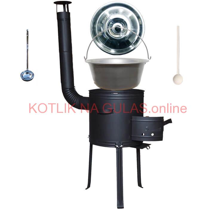 Nerezový kotlík 15 L (1,5 mm) + kovová kotlina s vysokými nožičkami 36 cm, žiaruvzdorná farba Plus 700 + vareška a naberačka