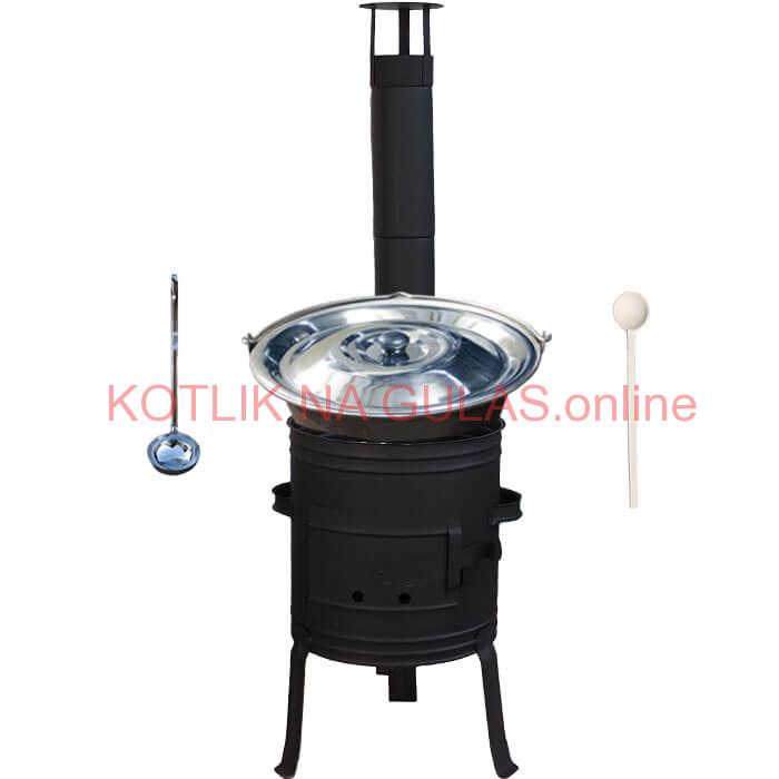 Nerezový kotlík 10 L (1,5 mm) + nízka žiaruvzdorná kotlina 33 cm PLUS 700 + vareška a naberačka