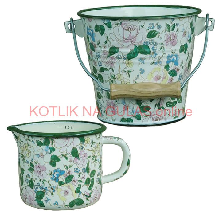 Smaltovaný hrnček s výlevkou 1 L+ vedro 1 L DECOR