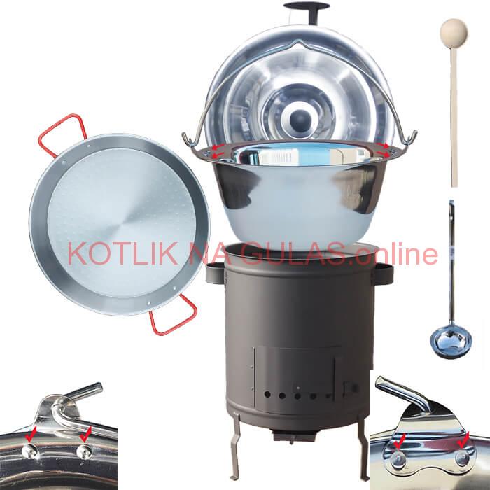 Nerezový kotlík 15 L (0,8 mm) zosilnený s nitmi + Paella panvica 38 cm + hrubostenná (1,5 mm) žiaruvzdorná kotlina 36 PLUS 600