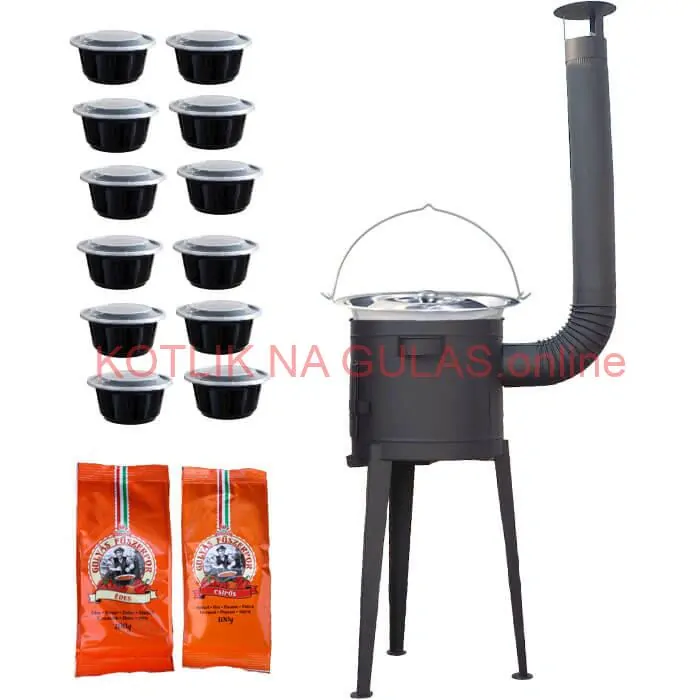 Nerezový kotlík 22 L (0,8 mm) INOX + vysoká žiaruvzdorná kotlina 42 cm PLUS 600 + misky 12 ks + 2 x korenie na guláš 100 g