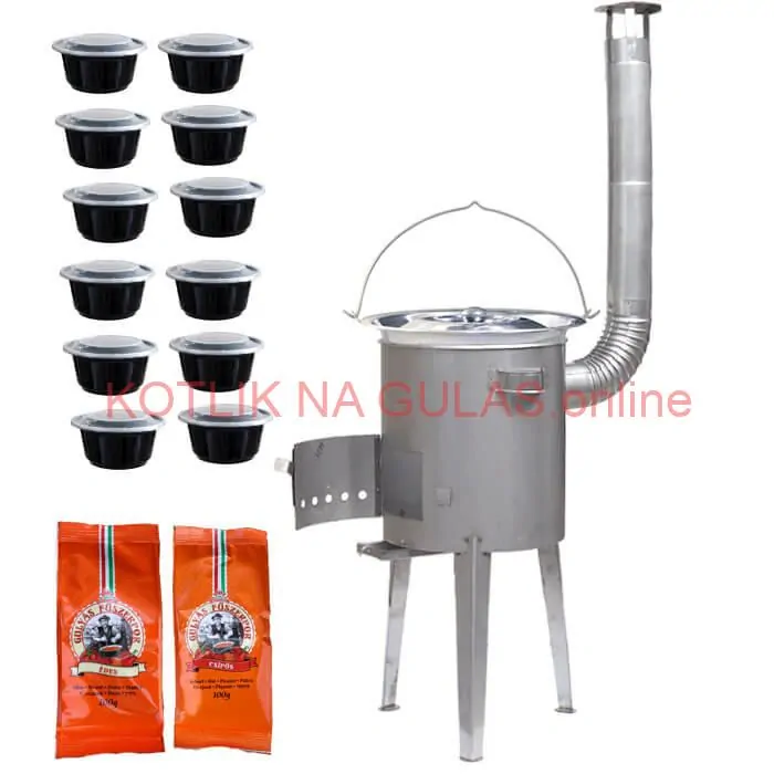 Nerezový kotlík 22 L (0,8 mm) INOX + nerezová kotlina 42 cm LUXUS + misky 12 ks + 2 x korenie na guláš 100 g