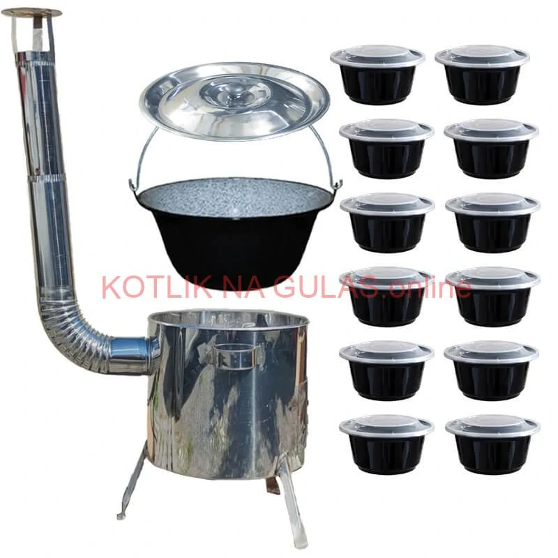 Smaltovaný kotlík 13 L + Nerezová kotlina 36 INOX LUSTRO + misky 12 ks