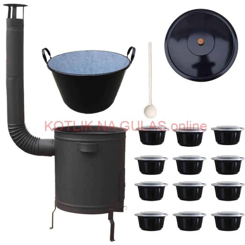 Smaltovaný kotol 60 L + hrubostenná kotlina 53 cm (2 mm) STRONG PLUS 600 + misky 12 ks