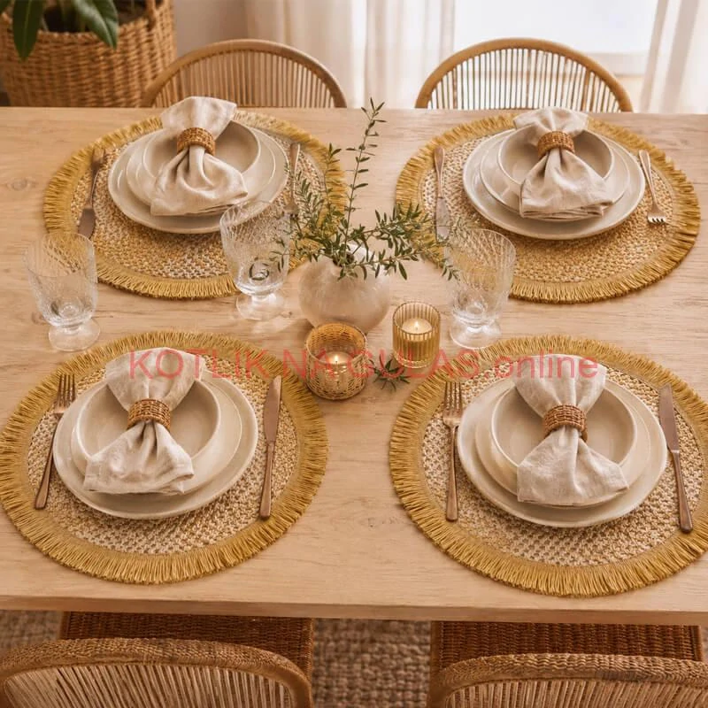 Okrúhle prírodné podložky pod tanier so strapcami 37 cm, 4 ks