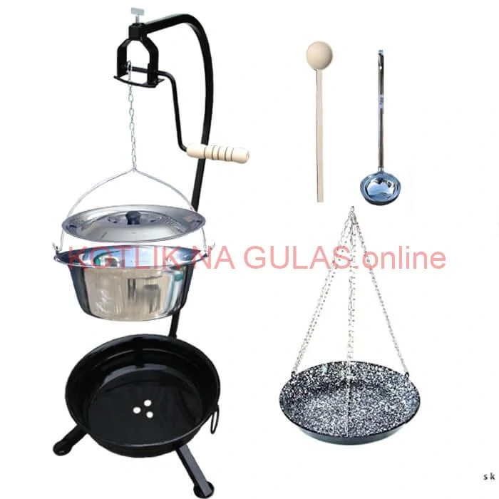Nerezový kotlík 22 L (0,8 mm) INOX + smaltovaná panvica + ohnisko so stojanom a s poistnou kladkou VAR