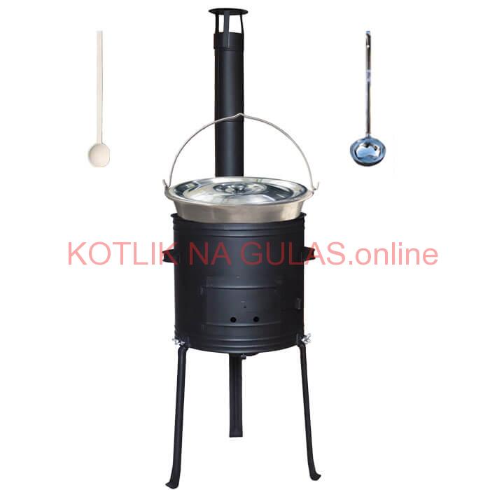 Nerezový kotlík 20 L (1,5 mm) + kovová kotlina s vysokými nožičkami 42 cm, žiaruvzdorná farba Plus 700 + vareška a naberačka