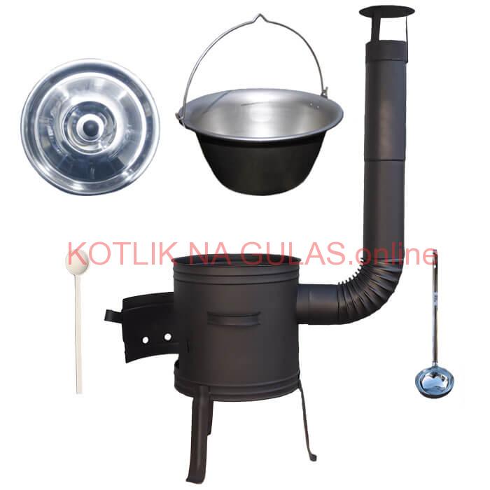 Nerezový kotlík 10 L (1,5 mm) + nízka žiaruvzdorná kotlina 33 cm PLUS 700 + vareška a naberačka