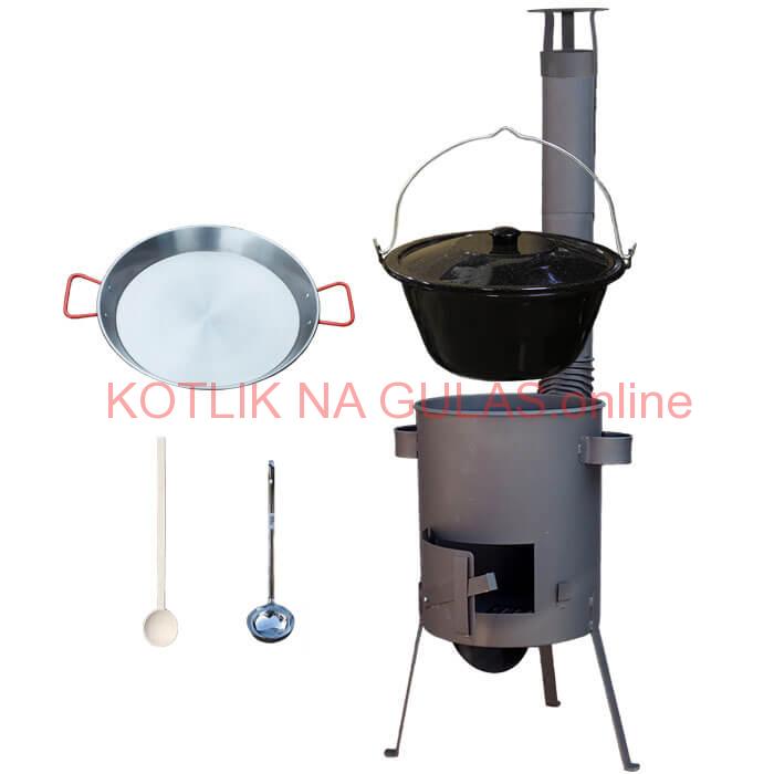 Smaltovaný kotlík 16 L + Paella oceľová panvica 42 cm + žiaruvzdorná kotlina 39 PLUS 600 s roštom na popol 4 mm