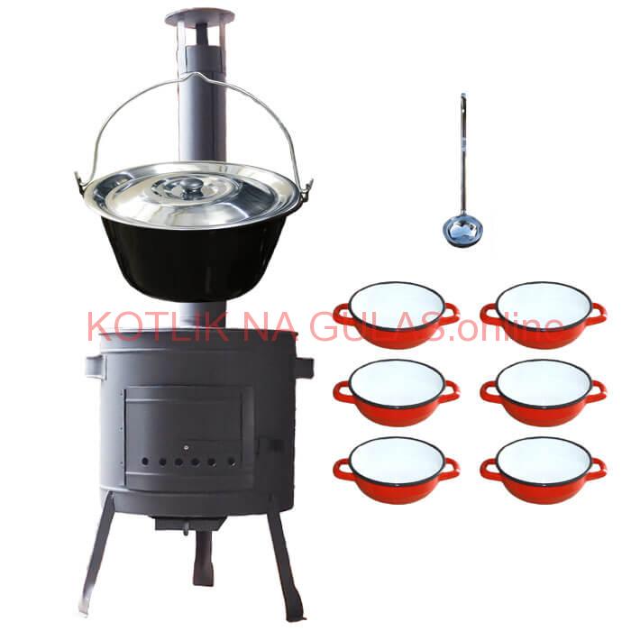 Smaltovaný kotlík 25 L + selské misky 6 ks + nízka žiaruvzdorná kotlina 42 cm PLUS 600