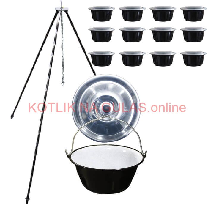 Smaltovaný kotlík 10 L + pokrievka + stojan + misky 12 ks