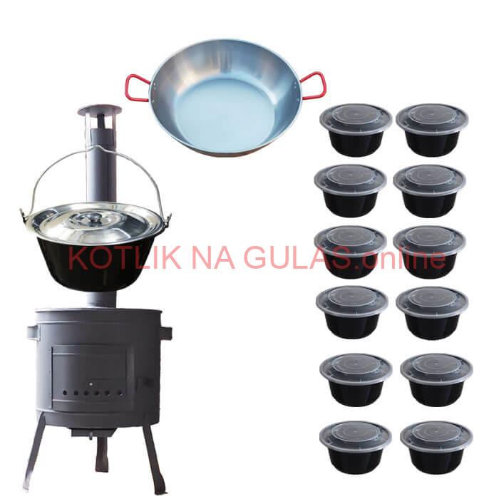 Smaltovaný kotlík 22 L + Panvica PAELLA (WOK) 45 cm + misky 12 ks + nízka kotlina 42 PLUS 600