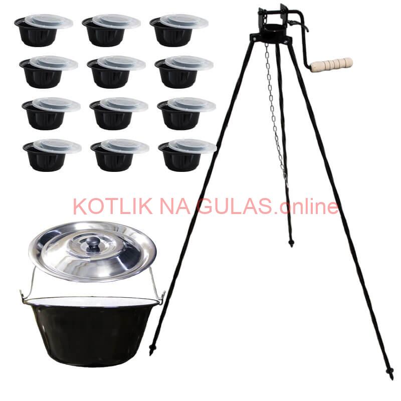 Smaltovaný kotlík 20 L + stojan s kladkou VAR + misky 12 ks