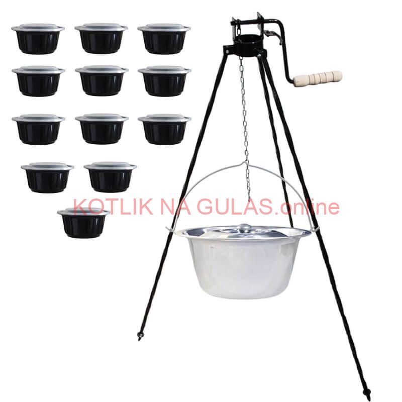 Antikorový kotlík 22 L + stojan s kladkou VAR + misky 12 ks