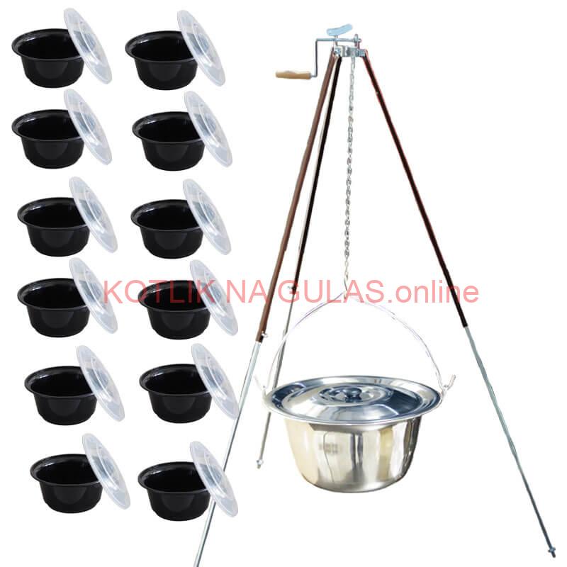 Antikorový kotlík 30 L (1,2 mm) + teleskopická trojnožka s poistnou kladkou + misky 12 ks