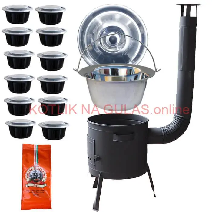 Nerezový kotlík 22 L (0,8 mm) INOX + hrubostenná (1,5 mm) žiaruvzdorná kotlina BALKY STRONG 42 PLUS 600 + misky 12 ks + paprikové korenie na guláš 100 g