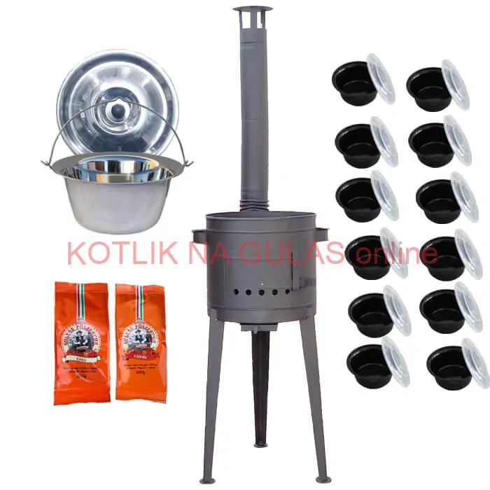 Nerezový kotlík 22 L (0,8 mm) INOX + vysoká žiaruvzdorná kotlina 42 cm PLUS 600 + misky 12 ks + 2 x korenie na guláš 100 g