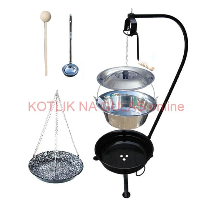 Nerezový kotlík 22 L (0,8 mm) INOX + smaltovaná panvica + ohnisko so stojanom a s poistnou kladkou VAR
