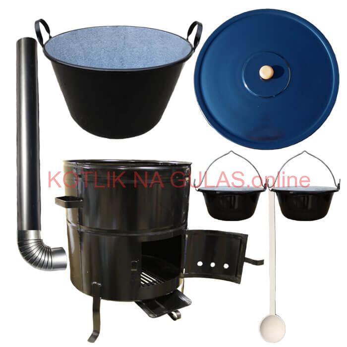 Zabíjačkový smaltovaný kotol 70 L + kovová kotlina 56 cm + 2 servírovacie kotlíky
