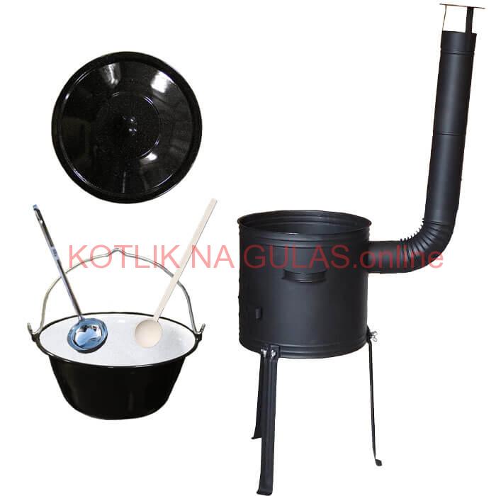 Smaltovaný kotlík 20 L (1,2 mm) + kovová kotlina s vysokými nožičkami 42 cm + vareška a naberačka