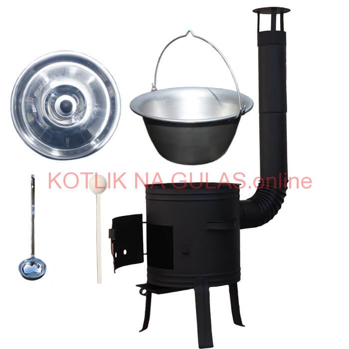 Nerezový kotlík 10 L (1,5 mm) + nízka žiaruvzdorná kotlina 33 cm PLUS 700 + vareška a naberačka