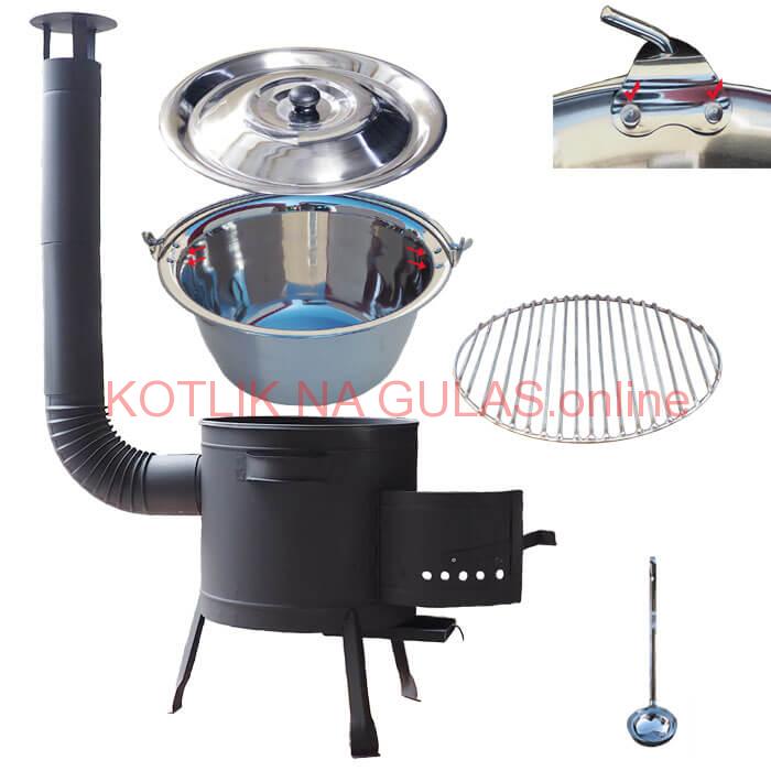 Nerezový kotlík 20 L (0,8 mm) s nitmi INOX + Nerezový rošt 45 cm + nízka žiaruvzdorná kotlina 42 cm PLUS 600