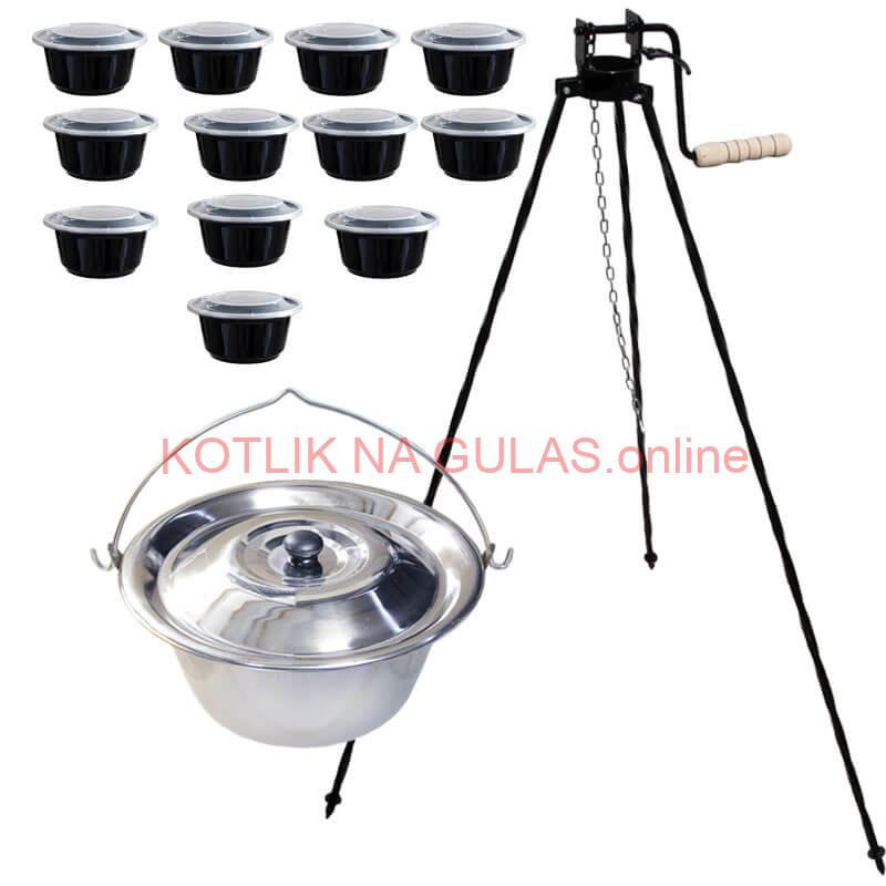 Nerezový kotlík 14 L (0,8 mm) INOX+ stojan s kladkou VAR + misky 12 ks