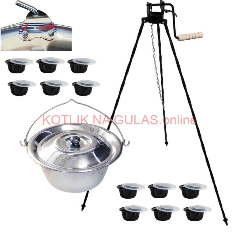 Antikorový kotlík 15 L (0,8 mm) s nitmi + stojan s kladkou VAR + misky 12 ks