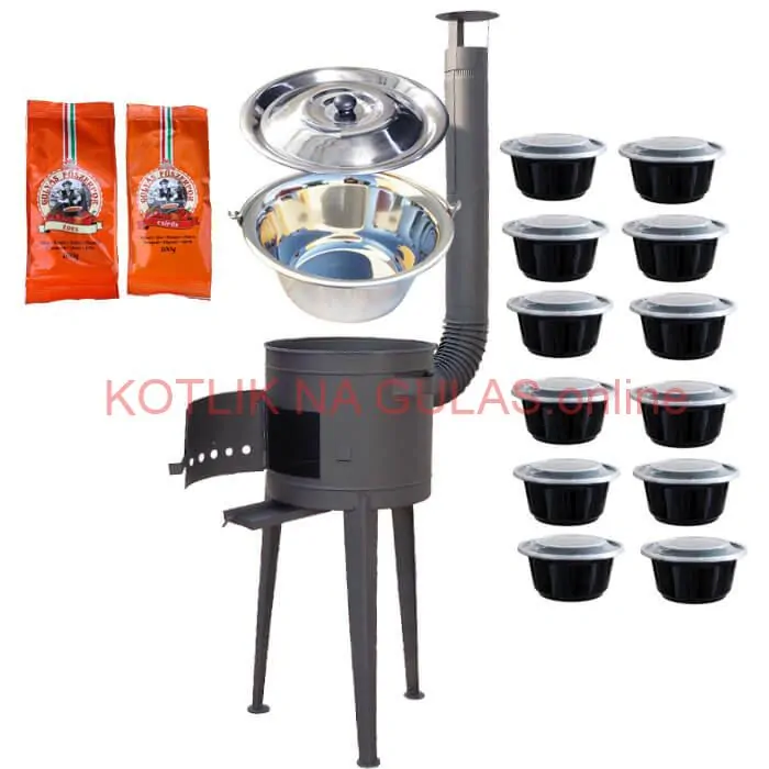 Nerezový kotlík 22 L (0,8 mm) INOX + vysoká žiaruvzdorná kotlina 42 cm PLUS 600 + misky 12 ks + 2 x korenie na guláš 100 g
