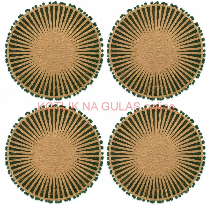 Okrúhle jutové podložky pod tanier zelené s pompónmi 37 cm, 4 ks