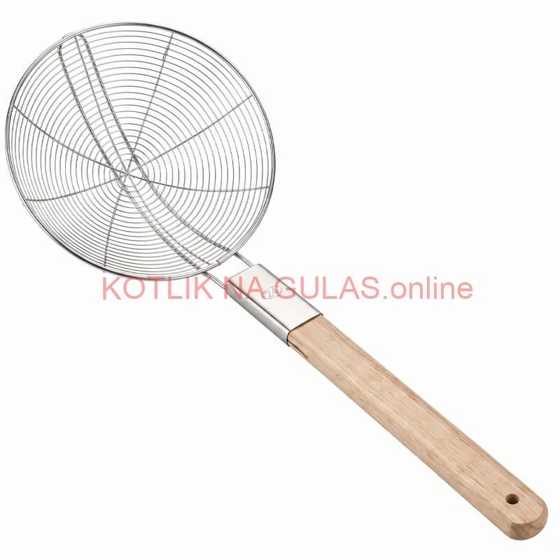 Veľké nerezové sitko 22,5 cm s drevenou rukoväťou – dĺžka 56,5 cm