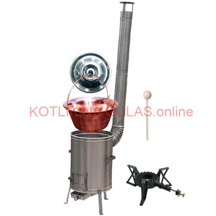 Medený kotlík 20 L (1,2 mm) + nerezová kotlina 42 cm + liatinový horák 7 kW, vareška LUX