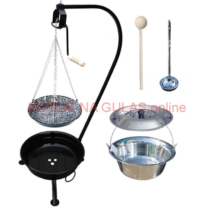 Nerezový kotlík 22 L (0,8 mm) INOX + smaltovaná panvica + ohnisko so stojanom a s poistnou kladkou VAR