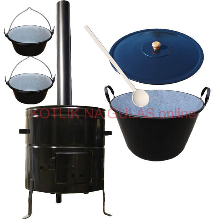 Zabíjačkový smaltovaný kotol 70 L + kovová kotlina 56 cm + 2 servírovacie kotlíky