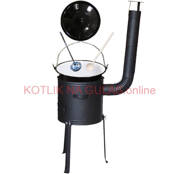 Smaltovaný kotlík 25 L + kovová kotlina s vysokými nožičkami 42 cm, žiaruvzdorná farba Plus 700 + vareška a naberačka