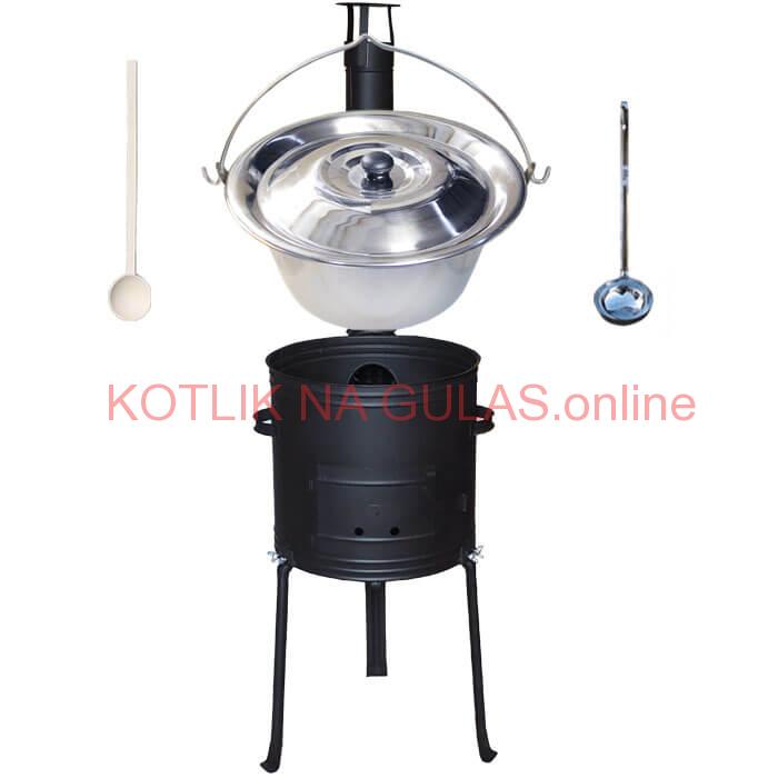 Antikorový kotlík 22 L (0,8 mm) + kovová kotlina s vysokými nožičkami 42 cm, žiaruvzdorná farba Plus 700 + vareška a naberačka