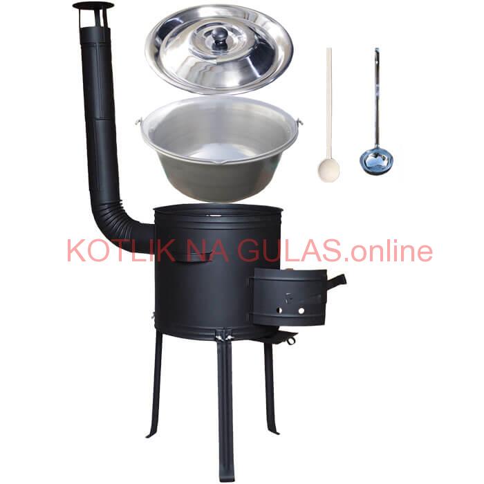 Nerezový kotlík 20 L (1,5 mm) + kovová kotlina s vysokými nožičkami 42 cm, žiaruvzdorná farba Plus 700 + vareška a naberačka