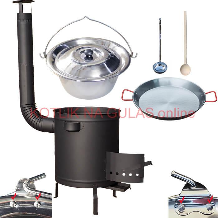 Nerezový kotlík 15 L (0,8 mm) zosilnený s nitmi + Paella panvica 38 cm + hrubostenná (1,5 mm) žiaruvzdorná kotlina 36 PLUS 600