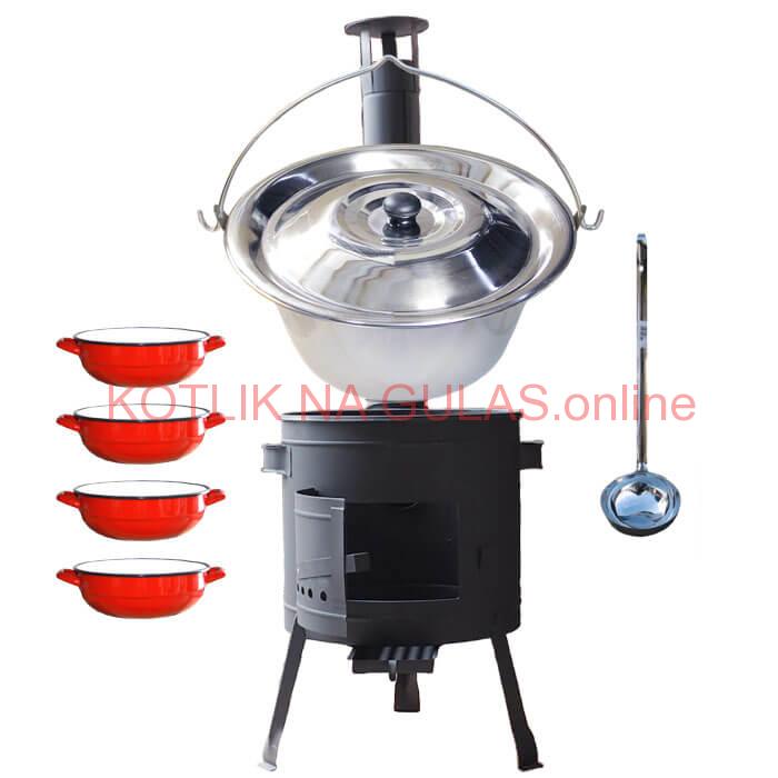 Nerezový kotlík 22 L (0,8 mm) INOX + selské misky 4 ks + nízka žiaruvzdorná kotlina 42 cm PLUS 600