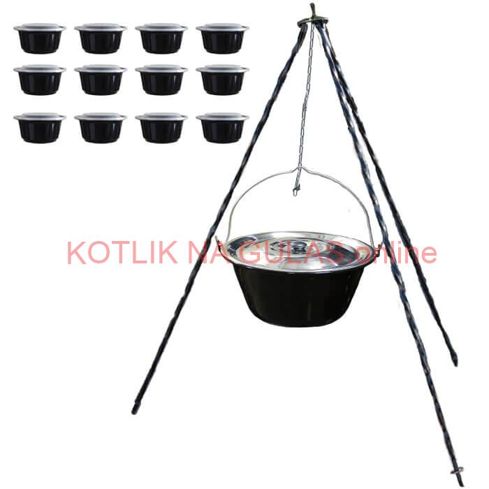 Smaltovaný kotlík 10 L + pokrievka + stojan + misky 12 ks