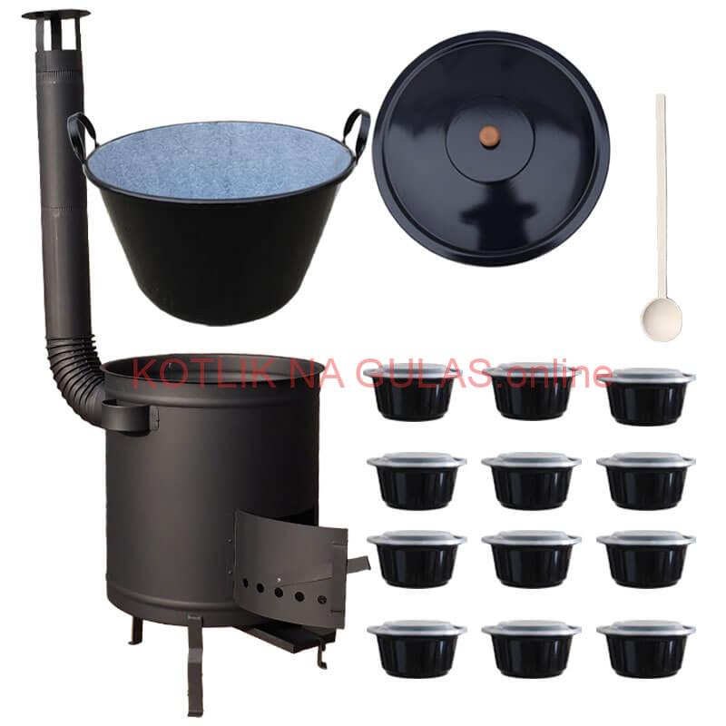 Smaltovaný kotol 70 L + hrubostenná kotlina 53 cm (1,5 mm) STRONG PLUS 600 + misky 12 ks