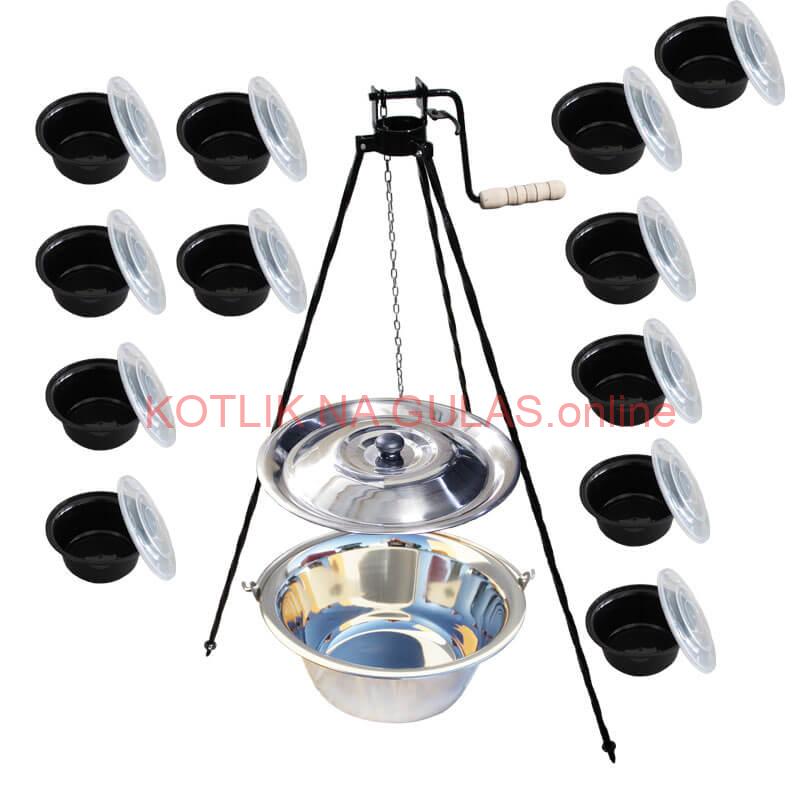 Antikorový kotlík 22 L + stojan s kladkou VAR + misky 12 ks