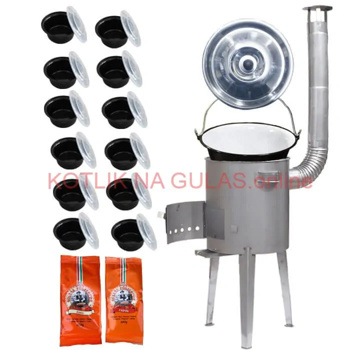 Smaltovaný kotlík 22 L (1,2 mm) + nerezová kotlina 42 cm LUXUS + misky 12 ks + 2 x korenie na guláš 100 g