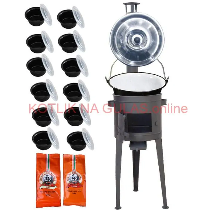 Smaltovaný kotlík 22 L (1,2 mm) + vysoká žiaruvzdorná kotlina (1,5 mm) HODO 42 cm PLUS 600 + misky 12 ks + 2 x korenie na guláš 100 g