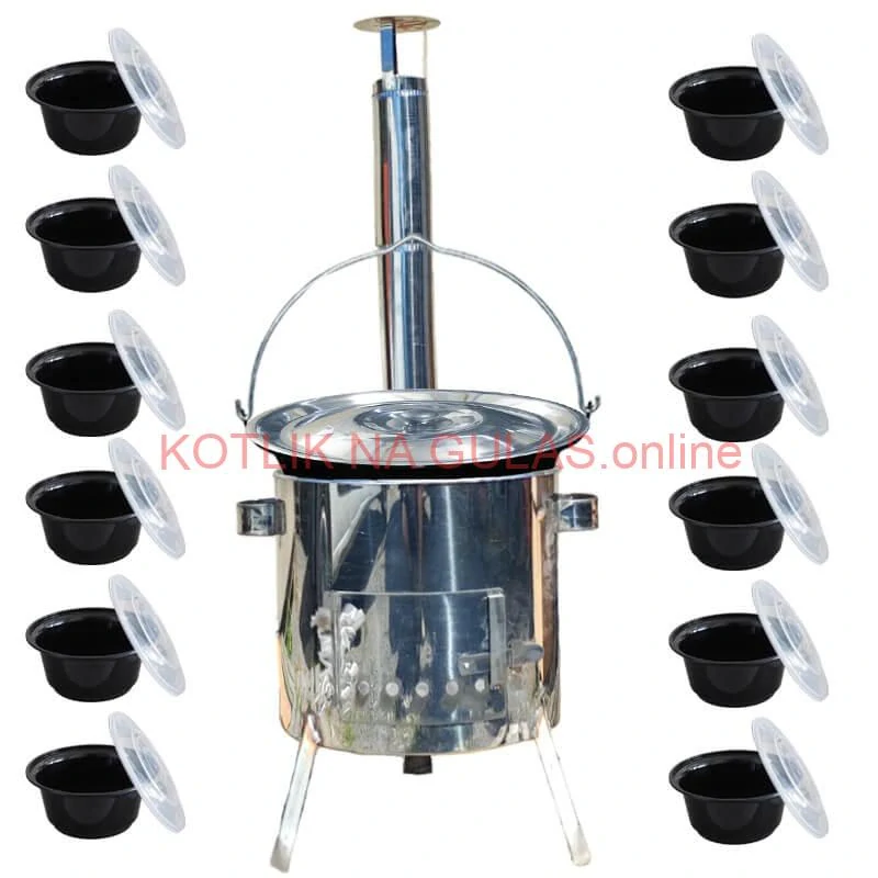 Smaltovaný kotlík 13 L + Nerezová kotlina 36 INOX LUSTRO + misky 12 ks